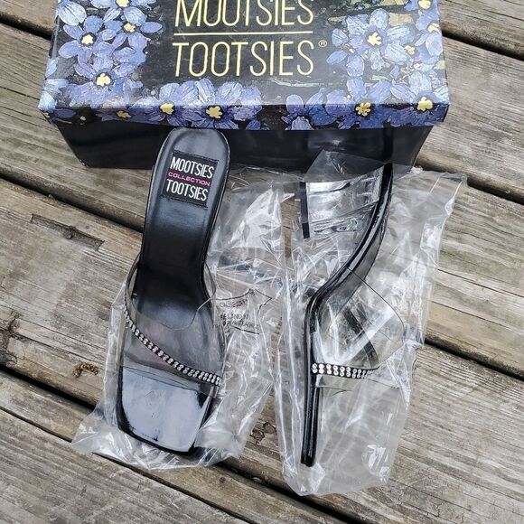 Vintage 90s Y2K Lucite Rhinestone Rachel Green Square Toe Chunky Heel Sandals - Picture 1 of 9